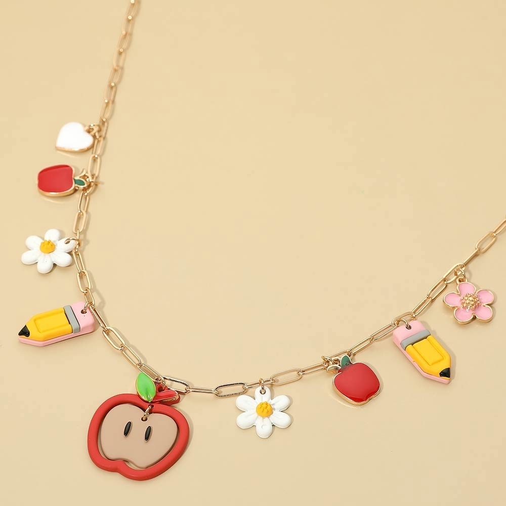 Gold Teacher Charm Necklace Apple Pencil Flower School Gift Paperclip Chain